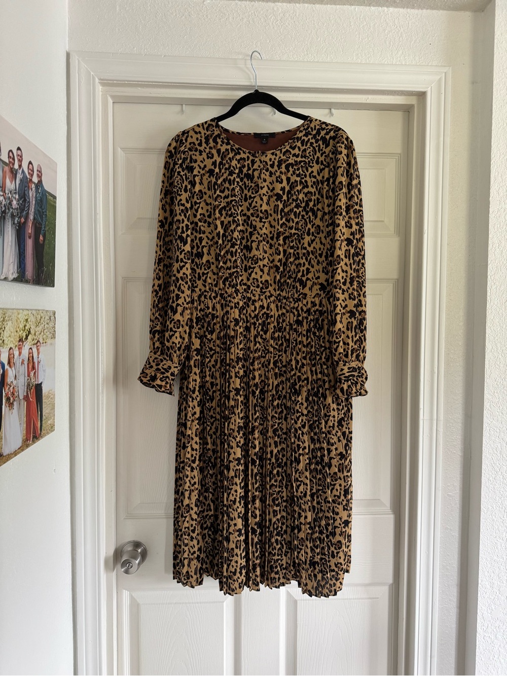 J. Crew Leopard Print Long Sleeve Pleated Midi Dress - Tan & Black